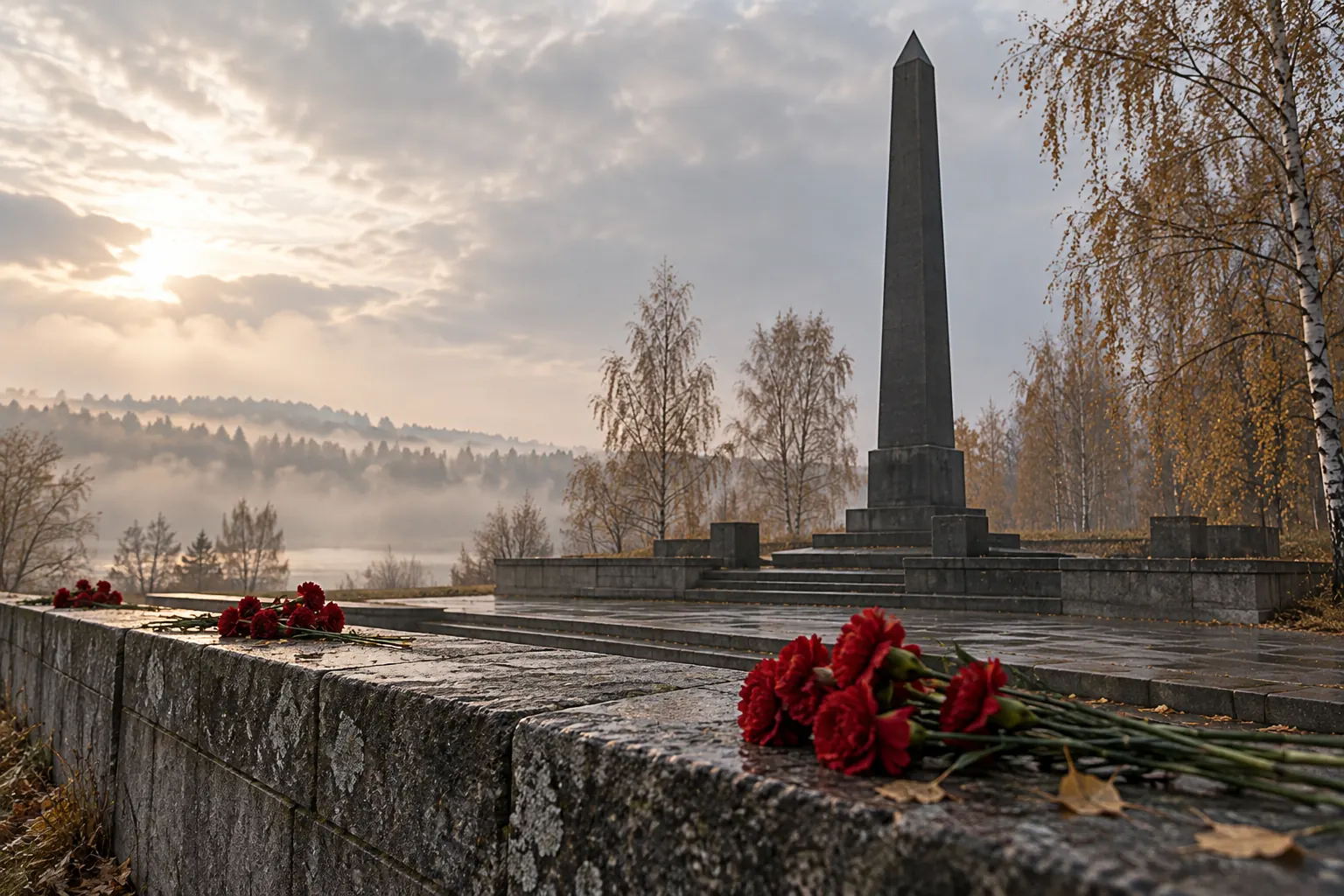 Художественная иллюстрация мемориала и красных гвоздик в тихом парке